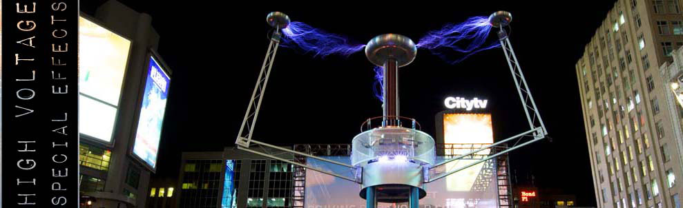 We work with high voltage effects as actually and own the largest non-scientific Tesla Coil in Canada. We have used this unit to create awesome high voltage electrical discharges (streamers) over ten feet long. Where would someone use such a device? Well, we have used it on stunt based TV shows, science shows and as for live displays. We offer our Tesla coil as a stand alone device or as part of a high voltage stunt show.